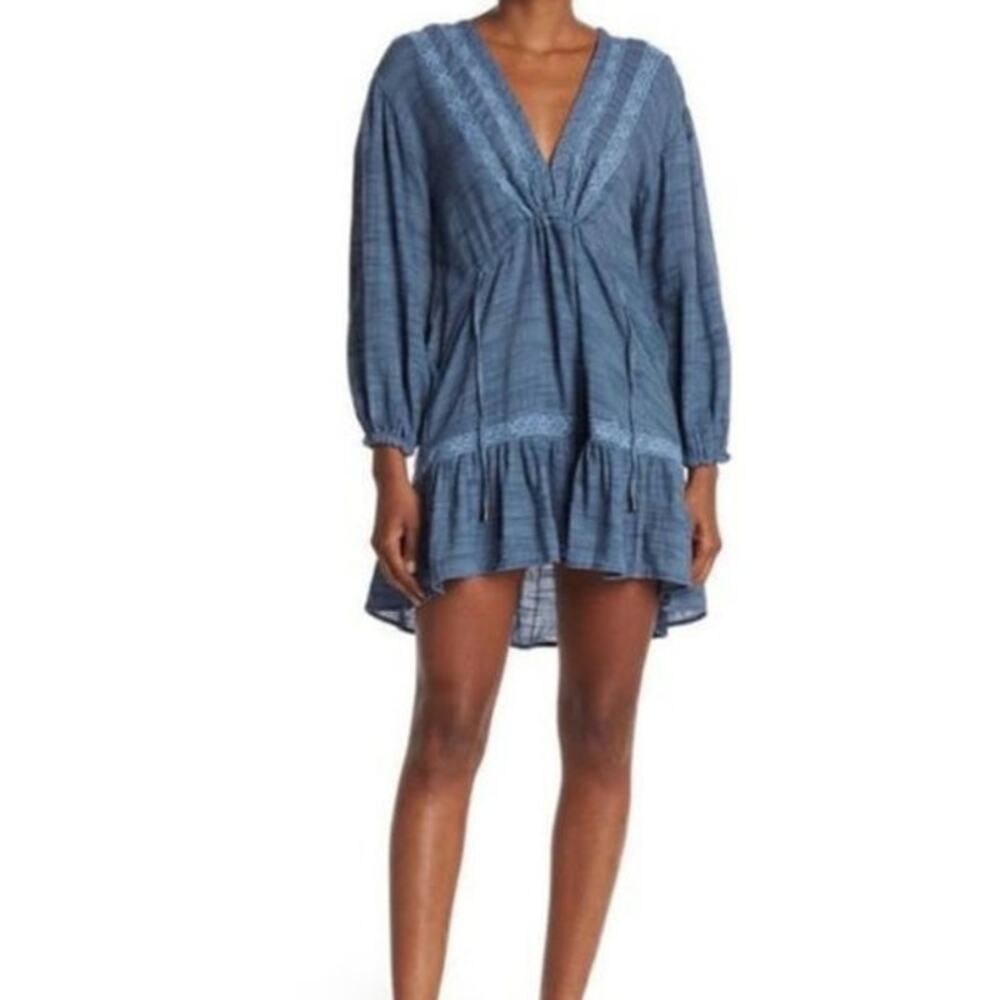 Free People Rugged Beauty Lace Panel Swing Mini Dress in Sky Wash Boho Cottage
